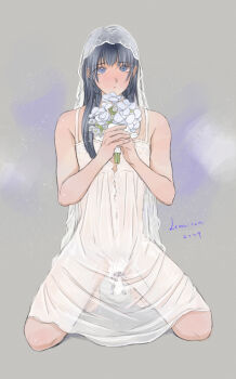 1boy black_hair blank_censor blue_eyes blush bouquet censored crossdressing crossdressing_(mtf) flaccid flower kneeling lemicon lingerie long_hair looking_at_viewer negligee original penis ribbon_on_penis trap underwear veil white_negligee