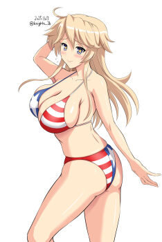 1girl ahoge alternate_costume american_flag american_flag_bikini american_flag_print ass bikini blonde_hair blue_eyes breasts cleavage commentary_request feet_out_of_frame flag_print flag_print_bikini highres iowa_(kancolle) kantai_collection kishi_nisen large_breasts long_hair looking_at_viewer one-hour_drawing_challenge print_bikini simple_background solo star-shaped_pupils star_(symbol) swimsuit symbol-shaped_pupils white_background
