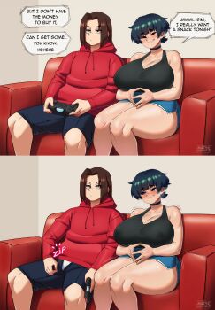 1boy 1girl absurdres aroused artist_name black_shirt blue_eyes blue_hair blue_shorts blunt_bangs bored breasts brown_hair choker cleavage closed_eyes collarbone comic controller dolphin_shorts drooling english_text grin heavy_breathing highres holding holding_controller hood hood_down hoodie huge_breasts indoors jiggle jitome medium_hair mun_(mai_munah) munah_munah naughty_face original own_hands_together parted_bangs playing_games red_hoodie saliva shirt short_hair short_shorts shorts signature sleeveless sleeveless_shirt smile speech_bubble steepled_fingers straight_hair tank_top taut_clothes thick_thighs thighs third-party_edit unzipping