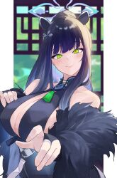 Rule 34 | 1girl, absurdres, animal ears, black dress, black hair, blue archive, blue halo, blush, breasts, bridal gauntlets, center opening, chankuro, china dress, chinese clothes, cleavage, closed mouth, dress, extra ears, feather boa, green eyes, halo, highres, large breasts, long hair, looking at viewer, shun (blue archive), smile, solo, tassel