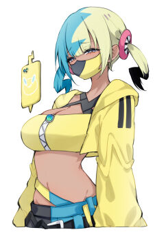 1girl absurdres aqua_hair bandeau black_mask blonde_hair blue_eyes breasts canari_(pokemon) cleavage commentary_request gen_4_pokemon highres jacket large_breasts long_sleeves looking_at_viewer multicolored_hair navel nintendo pokemon pokemon_legends:_z-a rotom rotom_phone sana_(sanamaru_0w0) simple_background solo two-tone_mask white_background yellow_bandeau yellow_jacket yellow_mask