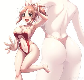 1girl \m/ abe_nana ass backless_swimsuit bare_back bare_shoulders blush breasts brown_eyes brown_hair casual_one-piece_swimsuit cleavage clothing_cutout commission cowboy_shot feet_out_of_frame head_out_of_frame highleg highleg_one-piece_swimsuit highres idolmaster idolmaster_cinderella_girls large_breasts looking_at_viewer multiple_views one-piece_swimsuit one-piece_thong open_mouth pataneet pixiv_commission ponytail red_one-piece_swimsuit revealing_clothes short_hair simple_background standing standing_on_one_leg stomach_cutout swimsuit white_background