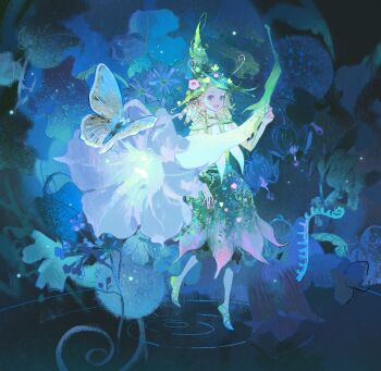 Rule 34 | 1girl, absurdres, ballet slippers, blonde hair, bug, butterfly, dandelion, fairy, floating, flower, highres, insect, leaf, lingcod dayu, nature, original, plant clothing, purple flower, ringlets, ripples, smile, water