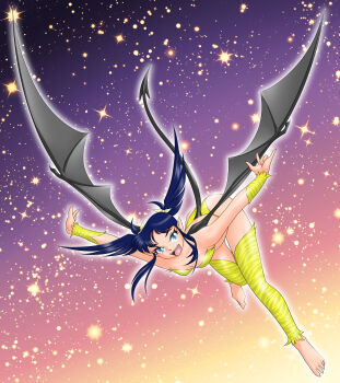 1girl \m/ absurdres barefoot bat_wings bikini blue_eyes blue_hair breasts cleavage commentary_request demon_girl demon_tail flying full_body highres night night_sky open_mouth original pointy_ears shirokuro_jakko sky solo star_(sky) starry_sky swimsuit tail toes wings yellow_bikini