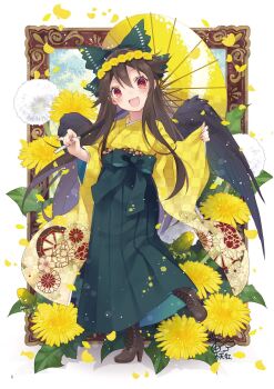 1girl :d absurdres black_hair black_wings boots bow brown_boots chrysanthemum chrysanthemum_print double-parted_bangs feathered_wings floral_print flower flower_wreath full_body green_bow green_hakama hair_between_eyes hair_bow hakama hakama_skirt highres holding holding_umbrella japanese_clothes kimono lace-up_boots long_hair long_sleeves looking_at_viewer open_mouth parasol pinching_sleeves red_eyes reiuji_utsuho signature skirt smile solo standing standing_on_one_leg third-party_source touhou toutenkou umbrella wide_sleeves wings yellow_kimono yellow_umbrella