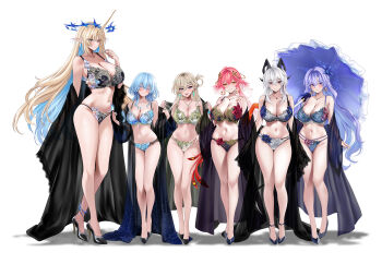 Rule 34 | 6+girls, bare legs, bare shoulders, black bra, black horns, black panties, black shoes, blonde hair, blue bra, blue flower, blue hair, blue panties, blush, bra, breasts, cantarella (wuthering waves), changli (wuthering waves), cleavage, closed mouth, collarbone, commentary, crown of thorns, curled horns, earrings, fleurdelys (wuthering waves), flower, green bra, green panties, grey hair, hair between eyes, hair flower, hair ornament, hand up, hashtag-only commentary, height difference, high heels, highres, holding, holding umbrella, horns, huge breasts, jewelry, large breasts, legs, long hair, long horns, looking at viewer, lynae (wuthering waves), m (1n910), multiple girls, navel, necklace, open mouth, panties, parasol, pink hair, pointy ears, purple hair, robe, shoes, shorekeeper (wuthering waves), simple background, single horn, smile, standing, stomach, thighs, umbrella, underwear, underwear only, very long hair, white background, wuthering waves, yellow horns, zani (wuthering waves)