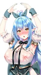 Rule 34 | 1girl, absurdres, ahoge, aqua nails, armpits, arms up, blue hair, blush, breasts, capelet, corset, covered erect nipples, detached sleeves, dress, elf, gold trim, green capelet, green corset, green wrist cuffs, heart, heart ahoge, highres, hololive, lace, lace-trimmed collar, lace-trimmed dress, lace trim, large breasts, looking at viewer, nail polish, nipples, official alternate costume, open mouth, overskirt, pointy ears, see-through, see-through dress, see-through shirt, simple background, virtual youtuber, white background, yellow eyes, yukihana lamy, yukihana lamy (5th costume), zabudog777