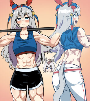 2girls :d abs ahoge animal_ears bare_shoulders black_shorts blue_eyes blue_hairband blush brown_background closed_mouth commentary_request dinoyhs exercising fang grey_hair hairband highres horse_ears horse_girl horse_tail korean_commentary long_hair multicolored_hair multiple_girls muscular muscular_female navel oguri_cap_(umamusume) open_mouth pants profile shorts smile tail tamamo_cross_(umamusume) two-tone_hair umamusume v-shaped_eyebrows very_long_hair weightlifting white_pants