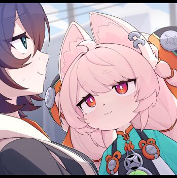2girls :3 animal_ear_fluff animal_ears belle_(zenless_zone_zero) blue_hair but_you_can't_prove_it_(meme) commentary dated_commentary dev_voxy furry furry_female green_eyes highres looking_at_another meme multiple_girls orange_eyes pink_hair rabbit_ears rabbit_girl smile sweat wavy_mouth zenless_zone_zero zhao_(zenless_zone_zero)