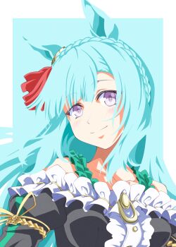 Rule 34 | 1girl, animal ears, bare shoulders, black dress, blue hair, blush, bow, braid, breasts, center frills, closed mouth, collarbone, crown braid, dress, ear bow, ear ornament, ear ribbon, frills, highres, horse ears, horse girl, long hair, looking at viewer, mejiro ardan (clinochlore line) (umamusume), mejiro ardan (umamusume), purple eyes, simple background, smile, solo, umamusume, upper body, zukki (bijitaru)