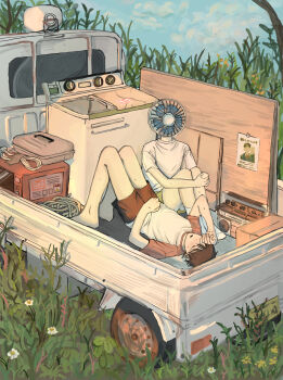 2boys absurdres asai_makoto_(user_gytp4743) black_shorts brown_hair commentary_request day electric_fan flower grass green_shorts highres hugging_own_legs kei_truck lying male_focus microwave motor_vehicle multiple_boys object_head on_back original outdoors radio shirt short_hair short_sleeves shorts socks t-shirt truck white_shirt