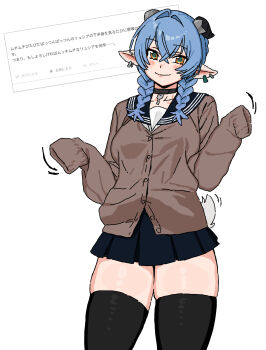 1girl absurdres alternate_costume andii_(anzai_teachco) animal_ears black_horns black_thighhighs blue_hair blue_skirt blush braid braided_twintails brown_cardigan cardigan choker closed_mouth collarbone commentary_request cowboy_shot crossed_bangs earrings goat_ears goat_girl goat_horns goat_tail grey_tail hair_between_eyes hair_intakes highres horizontal_pupils horns jewelry key key_choker long_hair looking_at_viewer lucia_elowen motion_lines pointy_ears short_tail simple_background skirt sleeves_past_fingers sleeves_past_wrists smile solo tail thighhighs twintails white_background yellow_eyes zenless_zone_zero