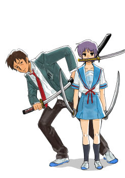 1boy 1girl absurdres black_socks blazer blue_sailor_collar blue_skirt brown_hair brown_pants closed_mouth collared_shirt commentary_request green_jacket highres holding holding_sword holding_weapon jacket katana kita_high_school_uniform kneehighs kyon long_sleeves mouth_hold multiple_seasonal_school_uniforms nagato_yuki necktie nuka_(wrdn3774) open_clothes open_jacket pants pleated_skirt purple_hair red_necktie red_ribbon ribbon sailor_collar school_emblem school_uniform serafuku shirt shoes short_hair short_sleeves simple_background skirt socks summer_uniform suzumiya_haruhi_no_yuuutsu sword sword_in_mouth untucked_shirt uwabaki weapon white_background white_shirt white_shoes winter_uniform
