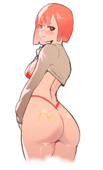 1girl absurdres arm_at_side ass ass_tattoo bikini blunt_bangs blush breasts cardigan commentary cropped_cardigan cropped_legs english_commentary fi_zz_ill from_behind g-string grey_cardigan heart heart-shaped_pupils highres legs_together looking_at_viewer looking_back mature_female mcdonald's medium_breasts mother_(yoru_mac) orange_hair panties product_girl red_bikini red_panties short_hair sideboob solo standing strap_gap sweat swimsuit symbol-shaped_pupils tattoo thighs thong underwear yoru_mac