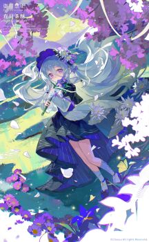 Rule 34 | 1girl, absurdres, black dress, bonnet, closed mouth, day, double-parted bangs, dress, flower, full body, hair between eyes, highres, holding, holding flower, long hair, long hair between eyes, long sleeves, looking at viewer, original, outdoors, purple bonnet, purple eyes, purple flower, purple shoes, shoes, socks, solo, standing, watermark, white hair, white socks, yi kuai cha suyou