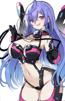 1girl armpits bare_shoulders black_gloves black_leotard black_thighhighs blue_hair breasts commentary_request dominatrix earrings elbow_gloves gloves hair_between_eyes highres holding holding_weapon holding_whip iris_heart_(neptunia) jewelry kami_jigen_game_neptune_v large_breasts leotard long_hair mechanical_wings navel neptune_(series) open_mouth pink_eyes power_symbol power_symbol-shaped_pupils smile solo suuuuica symbol-shaped_pupils thighhighs very_long_hair weapon whip white_background wings