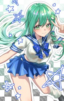 1girl alternate_costume black_shoes blue_bow blue_bowtie blue_sailor_collar blue_skirt blush bow bowtie checkered_background closed_mouth commentary_request drawn_star earclip fingernails frog_hair_ornament green_eyes green_hair green_nails hair_between_eyes hair_ornament hair_tubes highres kochiya_sanae leotard long_fingernails long_hair looking_at_viewer miniskirt nail_art outline pleated_skirt polka_dot polka_dot_bow polka_dot_bowtie sailor_collar school_uniform serafuku shoes short_sleeves single_hair_tube skirt smile snake_hair_ornament solo standing standing_on_one_leg star_(symbol) touhou tsubakiharuki v very_long_hair white_background white_leotard white_outline
