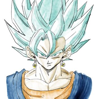 1boy 1rasutotoukou absurdres blue_eyes blue_hair blue_shirt dragon_ball dragon_ball_super earrings highres jewelry male_focus muscular muscular_male orange_shirt potara_earrings shirt simple_background smirk solo super_saiyan super_saiyan_blue upper_body vegetto white_background