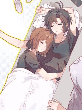 3girls absurdres antenna_hair bed black_hair black_shirt blanket brown_hair bunk_bed cellphone commentary cuddling from_above hagiwara_yukiho highres idolmaster idolmaster_(classic) kikuchi_makoto long_hair looking_down multiple_girls open_mouth outline outstretched_arms phone pillow shijou_takane shirt short_hair simple_background sleeping smartphone white_hair yellow_outline yumi_xsh yuri