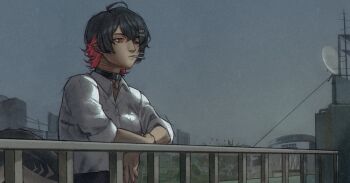 Rule 34 | 1girl, against railing, black choker, black hair, building, choker, colored inner hair, commentary, earclip, ellen joe, ellen joe (on campus), fins, fish tail, grey sky, highres, lollipop in mouth, looking ahead, multicolored hair, official alternate costume, outdoors, pendant choker, qurravis, railing, razor blade hair ornament, red eyes, scar, scar on tail, shark girl, shark tail, shirt, shirt tucked in, short hair, sky, sleeves rolled up, solo, symbol-only commentary, tail, upper body, white shirt, zenless zone zero