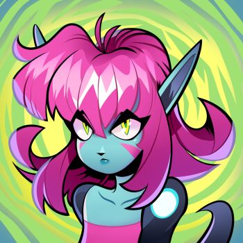 1girl blue_skin colored_skin duna_(fossil_fighters) fossil_fighters green_eyes highres looking_at_viewer medium_hair owllord pink_hair pointy_ears portrait solo