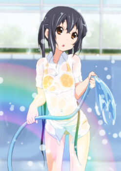 1girl bikini bikini_under_clothes black_hair brown_eyes dress_shirt errant female_focus hose k-on! long_hair nakano_azusa one-piece_swimsuit rainbow see-through_clothes shirt solo swimsuit swimsuit_under_clothes twintails water wet wet_clothes yellow_bikini