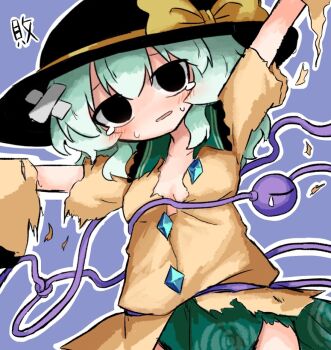 1girl black_eyes black_hat blue_background blush breasts buttons defeat diamond_button eyeball frilled_shirt_collar frilled_sleeves frills green_hair green_skirt hat heripantomorrow komeiji_koishi outstretched_arms raised_inner_eyebrows ribbon shirt skirt small_breasts solo spread_arms sweat tearing_up teeth third_eye torn_clothes torn_shirt touhou yellow_ribbon yellow_shirt