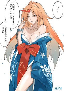 1girl absurdres artist_name bare_shoulders blonde_hair blue_kimono breasts chain closed_mouth collarbone commentary_request cuffs floral_print highres horns hoshiguma_yuugi hoshiguma_yuugi_(kimono) japanese_clothes kakaricho_dairi kimono long_hair long_sleeves looking_at_viewer off_shoulder oni orange_eyes print_kimono red_horns red_nails shackles simple_background single_horn smile solo star_(symbol) star_print touhou translation_request very_long_hair white_background wide_sleeves