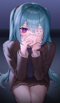 1girl black_skirt blue_eyes blue_hair blush brown_jacket collared_shirt commentary covered_mouth covering_own_mouth eyepatch eyewear_visible_through_hair hair_between_eyes hands_on_own_cheeks hands_on_own_face hatsune_miku heart heart-shaped_pupils highres jacket lapels legs_together long_hair long_sleeves looking_at_viewer medical_eyepatch monitoring_(vocaloid) multicolored_eyes notched_lapels open_clothes open_jacket pink_eyes pink_pupils pleated_skirt school_uniform shirt sitting skirt solo symbol-shaped_pupils twintails very_long_hair vocaloid white_shirt wing_collar yareen