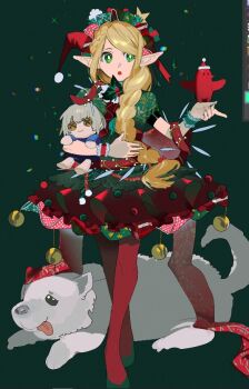 1girl braid button_eyes buttons character_doll christmas dog doll dress dungeon_meshi elf falin_touden gapamopa green_background green_eyes grey_hair hair_over_shoulder long_hair marcille_donato mistletoe parted_lips poi pointy_ears ribbon single_braid swept_bangs tongue tongue_out wrist_ribbon
