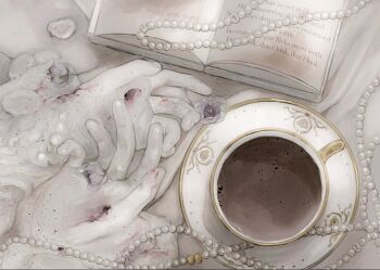 1954love_hate 1other blood blood_on_hands blood_splatter book close-up commentary cup english_commentary english_text flower from_above gloves hand_focus jewelry necklace open_book original out_of_frame pearl_necklace petals rose solo teacup white_flower white_gloves white_rose