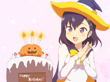 ! 1girl betelbear birthday cake candle costume english_text fang feet_out_of_frame female_focus skin_fang food fruit gabriel_dropout hair_ornament hairclip halloween happy_birthday hat jack-o&#039;-lantern long_hair long_sleeves open_mouth purple_eyes purple_hair skin_fang solo standing strawberry vignette_tsukinose_april witch witch_hat
