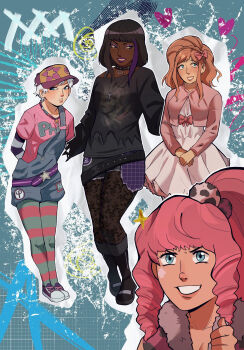 alice_(kyokugen_dasshutsu) alternate_costume alternate_hair_color alternate_hairstyle ankh_necklace aqua_eyes baseball_cap bead_necklace beads belt black_boots black_choker black_eyes black_hair black_shirt black_shorts blue_overalls blunt_bangs blush boots bow character_name choker clothes_writing collarbone commentary dark-skinned_female dark_skin denim denim_overalls dress drill_hair english_commentary eyelashes eyeshadow facial_mark fashion gift_art gyaru hair_bow hair_ornament hat highres jacket jewelry krisdice39 kyokugen_dasshutsu kyokugen_dasshutsu_adv:_zennin_shibou_desu lips lipstick long_hair long_sleeves luna_(kyokugen_dasshutsu) makeup medium_hair multicolored_hair multicolored_thighhighs necklace orange_hair outline overalls own_hands_together pantyhose phi_(kyokugen_dasshutsu) pink_bow pink_hair pink_jacket pink_shirt pom_pom_(clothes) pom_pom_hair_ornament purple_belt purple_eyeshadow purple_hair purple_hat purple_lips purple_shoes second-party_source shirt shoes short_hair shorts skull_print smile standing star-shaped_buckle star_(symbol) star_necklace star_print streaked_hair striped_clothes striped_thighhighs thighhighs thumbs_up torn_clothes torn_shirt torn_shorts two-tone_hair two-tone_thighhighs very_short_hair white_dress white_hair white_outline yotsuba_(kyokugen_dasshutsu)