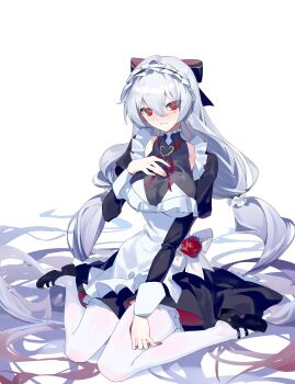 1girl absurdres alternate_costume apron black_dress black_shoes breasts chinese_commentary commentary_request cy_fei dress gloves hand_on_own_chest highres honkai_(series) honkai_impact_3rd large_breasts looking_at_viewer luna_(honkai_impact) maid maid_apron maid_headdress pantyhose red_eyes see-through_cleavage see-through_clothes shoes sitting solo wariza white_apron white_gloves white_hair white_pantyhose