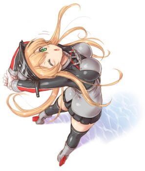 10s 1girl arms_behind_head blonde_hair breasts chestnut_mouth commentary_request female_focus from_above from_behind full_body gloves green_eyes kantai_collection large_breasts long_hair long_sleeves microskirt military military_uniform one_eye_closed pleated_skirt prinz_eugen_(kancolle) skirt solo standing stretching thighhighs uguisu_kagura white_background zettai_ryouiki