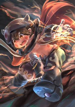 Rule 34 | 1boy, absurdres, angry, aq gohan, arm cannon, brown hair, cape, commentary, dark skin, facial mark, fire, helmet, highres, made in abyss, male focus, mechanical arms, navel, nipples, open mouth, red cape, reg (made in abyss), science fiction, short hair, solo, teeth, upper teeth only, weapon, yellow eyes