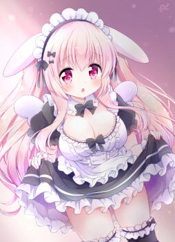 1girl animal_ears black_bow black_thighhighs bow breasts chiika_(cure_cherish) cleavage dress frilled_dress frills highres large_breasts long_hair looking_at_viewer maid maid_headdress open_mouth original pink_eyes pink_hair puffy_short_sleeves puffy_sleeves rabbit_ears short_sleeves skirt_hold solo thighhighs two_side_up
