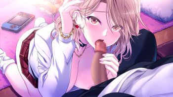 1boy 1girl blonde_hair breasts brown_eyes censored fellatio game_cg hayama_hinano highres jacket jewelry kyokugen_chikan_tokuiten_neo large_breasts licking licking_penis looking_at_viewer m&amp;m_(mickey_and_mackey) necklace nintendo_switch open_clothes open_jacket oral penis pov red_skirt short_hair skirt
