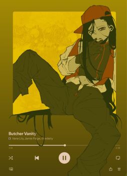 1girl abstract_background black_pants butcher_vanity_(synthesizer_v) hat highres long_hair looking_at_viewer melimustdie pants red_eyes red_hat spotify synthesizer_v user_interface yi_xi_(synthesizer_v)