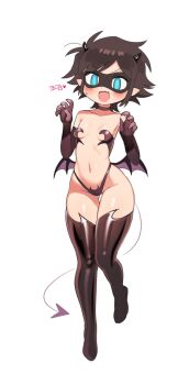 1girl :d batrobin_k black_hair blue_eyes blush breasts choker claw_pose demon_girl demon_horns demon_tail demon_wings elbow_gloves fang full_body gloves highres horns loli looking_at_viewer navel open_mouth original pointy_ears revealing_clothes robin_(batrobin_k) short_hair simple_background slit_pupils small_breasts smile solo sweatdrop tail thighhighs white_background wings