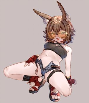 1girl animal_ears arknights black_shirt black_socks blue_shorts breasts brown_background brown_eyes brown_hair caper_(arknights) caper_(summer_flowers)_(arknights) covered_erect_nipples fingerless_gloves full_body gloves highres kochiya_(gothope) leaning_back long_hair looking_at_viewer medium_breasts navel open_mouth rabbit_ears rabbit_girl red_gloves sandals shirt shorts simple_background smile socks solo spread_legs squatting sunglasses unzipped