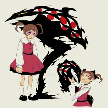 Rule 34 | 1girl, brown hair, digimon, digimon (creature), digimon beatbreak, looking at viewer, radioprufen, red eyes, shademon, shadow, yamada haruko