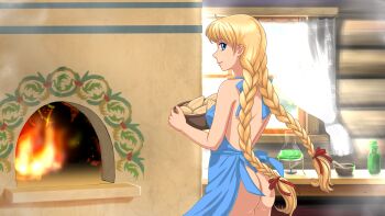 apron ass backboob blonde_hair blue_apron blue_eyes bottle bow bowl braid breasts curtains erlenmeyer_flask fire flask food hair_behind_ear hair_bow hair_ribbon highres holding holding_bowl indoors light_smile long_hair looking_at_viewer looking_back low_twin_braids mortar_(bowl) naked_apron nude official_artist_extra original orika_nekoi oven pestle red_bow red_ribbon ribbon slavya-chan smile smoke table twin_braids visual_novel window wooden_table wooden_wall