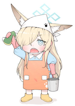 1girl animal_ear_fluff animal_ears apron arm_up blonde_hair blue_archive blue_eyes blue_halo bucket commentary_request dog_ears dog_girl gloves hair_over_one_eye halo highres holding holding_bucket kanna_(blue_archive) open_mouth orange_apron paw_print sharp_teeth shoes simple_background solo teeth upper_teeth_only yellow_shoes yosik