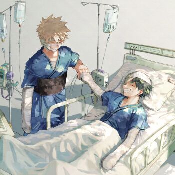 2boys absurdres bakugou_katsuki bandaged_arm bandaged_head bandages bed blonde_hair boku_no_hero_academia closed_eyes closed_mouth commentary_request green_hair grin happy highres hospital_bed hospital_gown intravenous_drip iv_stand lying male_focus midoriya_izuku multiple_boys on_back on_bed short_hair smile spiked_hair standing unou_(unou_mha)