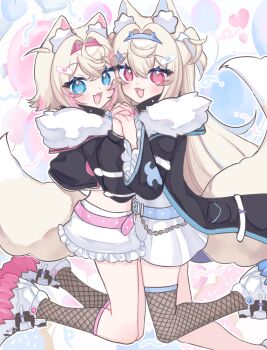 Rule 34 | 2girls, :d, absurdres, animal ear fluff, animal ears, balloon, bandaid, bandaid hair ornament, belt, blonde hair, blue belt, blue eyes, blue streaks, blush, cropped jacket, dog ears, dog girl, dog tail, dress, fang, fishnet socks, fishnet thighhighs, fishnets, frilled shorts, frills, fur-trimmed jacket, fur trim, fuwawa abyssgard, fuwawa abyssgard (1st costume), hair ornament, highres, hololive, hololive english, interlocked fingers, jacket, long hair, long sleeves, looking at viewer, mococo abyssgard, mococo abyssgard (1st costume), multiple girls, open mouth, pink belt, pink eyes, pink streaks, short hair, shorts, siblings, single fishnet legwear, sisters, skin fang, smile, socks, tail, thighhighs, virtual youtuber, white dress, white shorts, yamiescupid