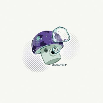 Rule 34 | air bubble, artist name, black eyes, bubble, commentary, film grain, grey background, halftone, halftone background, highres, hightguy, looking up, mushroom, no humans, open mouth, plants vs. zombies, puff-shroom (plants vs. zombies), simple background, solo, symbol-only commentary