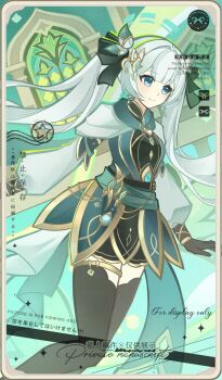 1girl absurdres adddds black_gloves black_thighhighs blue_eyes chinese_text dress english_text genius_invokation_tcg_(style) gloves hair_ornament highres long_hair long_sleeves looking_to_the_side mixed-language_text original smile solo thighhighs twintails vision_(genshin_impact) watermark white_hair