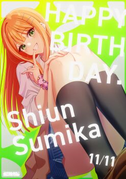 Rule 34 | 1girl, absurdres, character name, commentary request, dated, finger to mouth, gakuen idolmaster, green eyes, grin, happy birthday, hatsuboshi gakuen school uniform, highres, idolmaster, index finger raised, kneehighs, long hair, looking at viewer, meronnpannpi, orange hair, pink scrunchie, school uniform, scrunchie, shirt, shiun sumika, smile, socks, solo, white shirt, wrist scrunchie