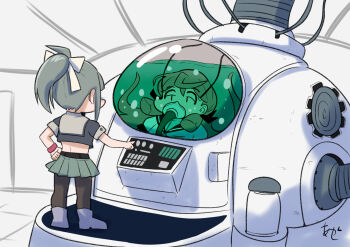 2girls akashi_(kancolle) akashieru black_pantyhose breathing_tube commentary_request dragon_ball dragonball_z grey_sailor_collar grey_shirt grey_skirt in_container kantai_collection long_hair machine multiple_girls pantyhose pleated_skirt ponytail sailor_collar shirt skirt standing underwater yuubari_(kancolle) yuubari_kai_ni_(kancolle)